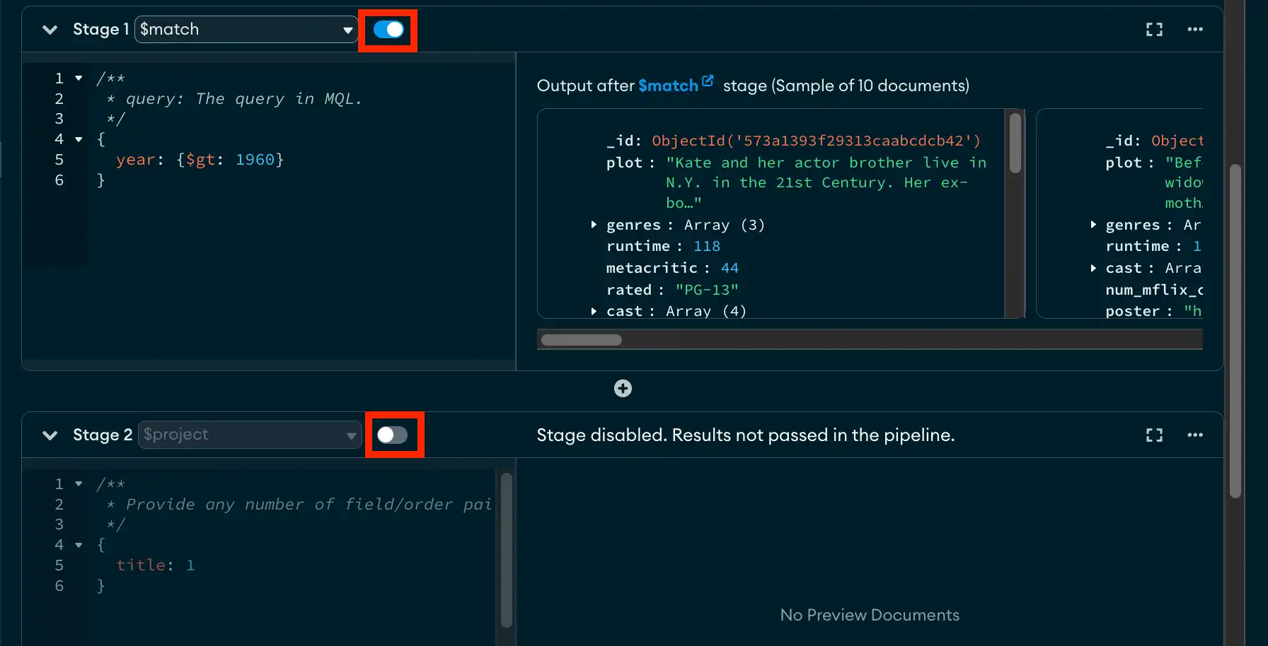 聚合构建器排除阶段示例